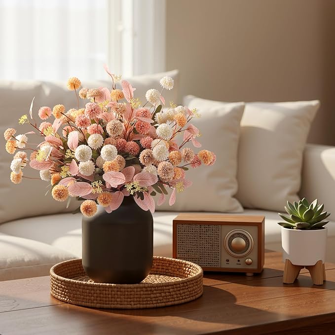 Alupssuc 16PCS Faux Silk Pompon Mums Artificial Flowers with Eucalyptus, Fake Chrysanthemum Floral for DIY Vase Arrangement, Long Stem Dining Table Centerpiece Home Decor, Mix 4 Colors