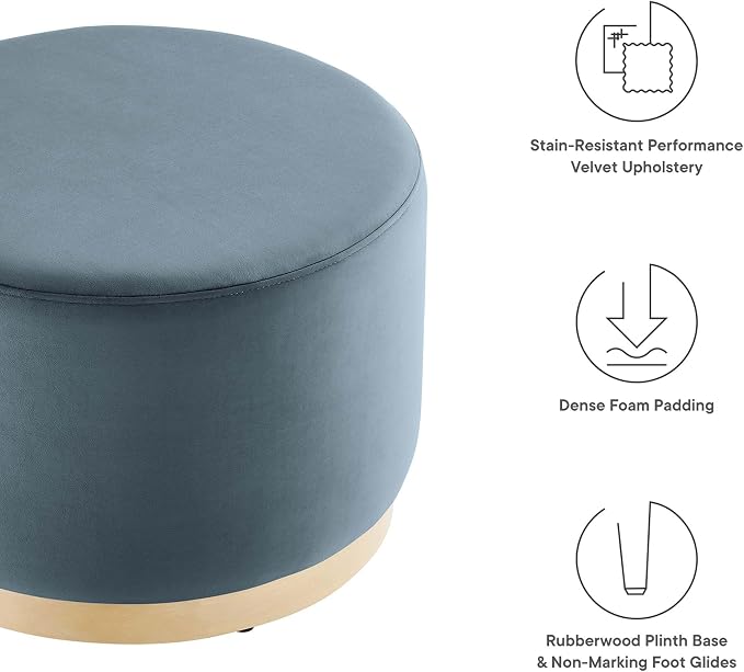 Modway Tilden 23 Inch Round Performance Velvet Upholstered Ottoman in Cadet Blue Natural - Round Ottoman Foot Rest with Rubberwood Plinth Base - Living Room Ottoman Side Table or Ottoman Coffee Table