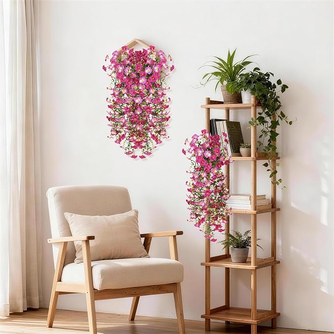 Artificial Fake Flowers Plants for Outdoor Spring Summer Decoration,2 PCS Faux Silk Morning Glory with Eucalyptus Leaves,UV Resistant Realistic Outdoor Flowers for Balcony Porch Patio Yard Garden