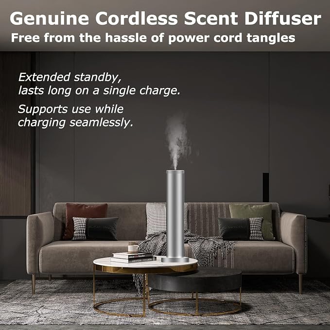 Hotel Scent Diffuser Machine -Cordless Rechargeable Diffuser for Whole House- Scent Air Machine for Home -App Bluetooth Control - Waterless Essential Oil Diffuser for Large Room, Studio Office -Silver