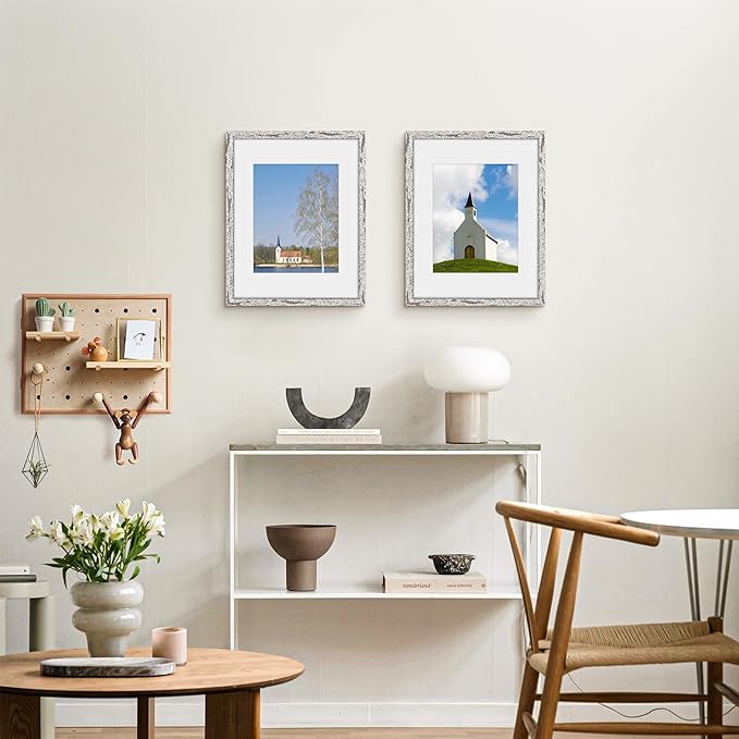 Picrit 11x14 Farmhouse Picture Frame Set of 12, Display 8x10 with Mat or 11 x 14 without Mat, Rustic Photo Frames for Wall Mounting or Table Top Display, Country Gray