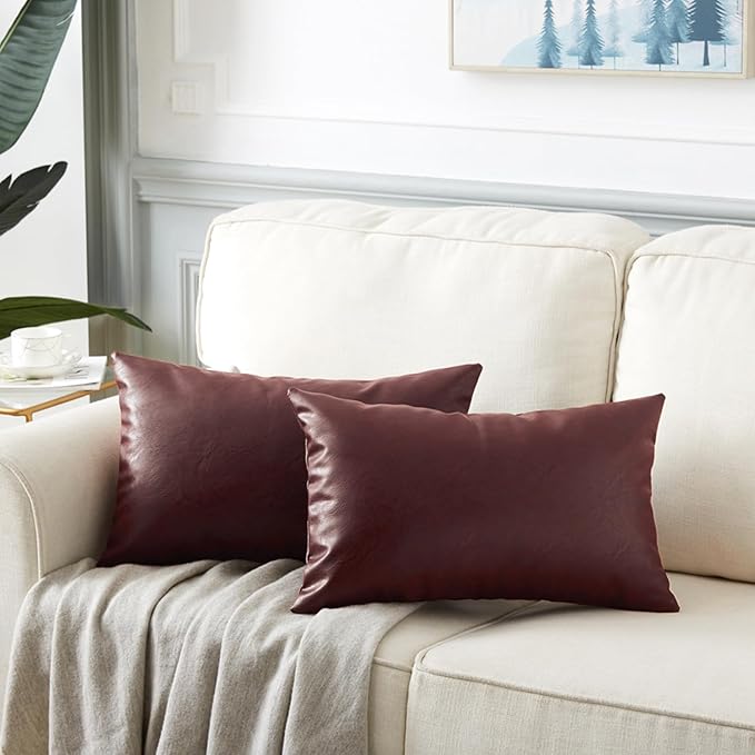 Fancy Homi Burgundy Faux Leather Boho Decorative Throw Pillow Covers 12x20 Inch, Thick Modern Solid Wine Red Cushion Case Set 30x50 cm for Couch Sofa Bed Livingroom, Rustic Modern Farmhouse Home Decor