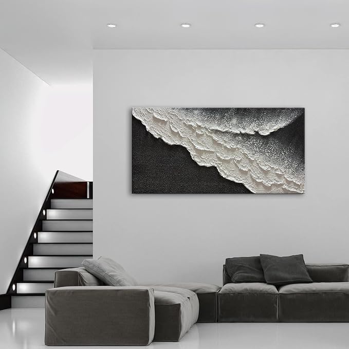 zoinart Hand Painted Black and White Textured Ocean Wave Wall Art 48x24 Inches Abstract Oil Paintings on Canvas Modern Beach Art for Living Room Bedroom Wall Decor