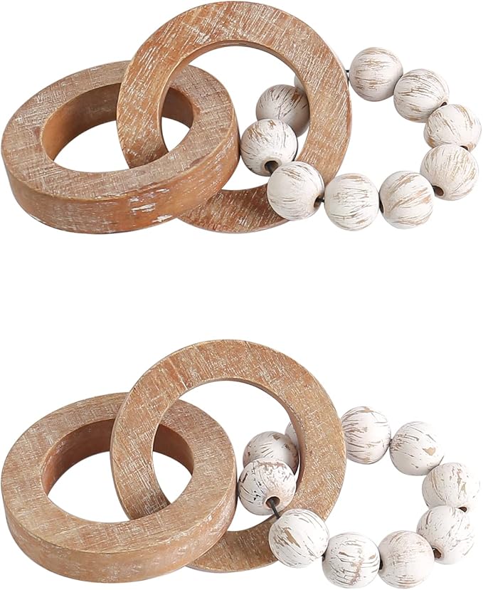 Oakrain Rustic Chain Link for Home Decor, Handmade Carved 3 Link Wood Knot & Wood Beads, Natural Boho Farmhouse Table Decor, Best Housewarming Gifts (2 Pcs, 8.7inch)