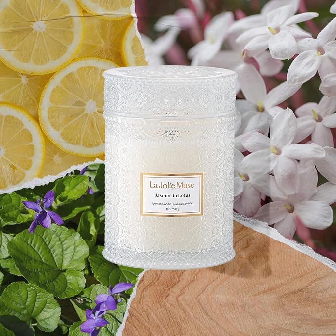 LA JOLIE MUSE Jasmine Lotus Scented Candles for Home, Natural Soy Wax, 19oz | Large Jar Luxury Candles, Clean Non Toxic, Floral Candle Gifts for Women & Mom, Decorative White Candles, Engaged Candle Gift