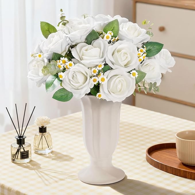 Lifewit Classic White Artificial Roses Flowers, Faux Long Stem Silk Roses Bulky for DIY Wedding Bouquets Decoration, Centerpieces Arrangements, Velentine,12 Pcs