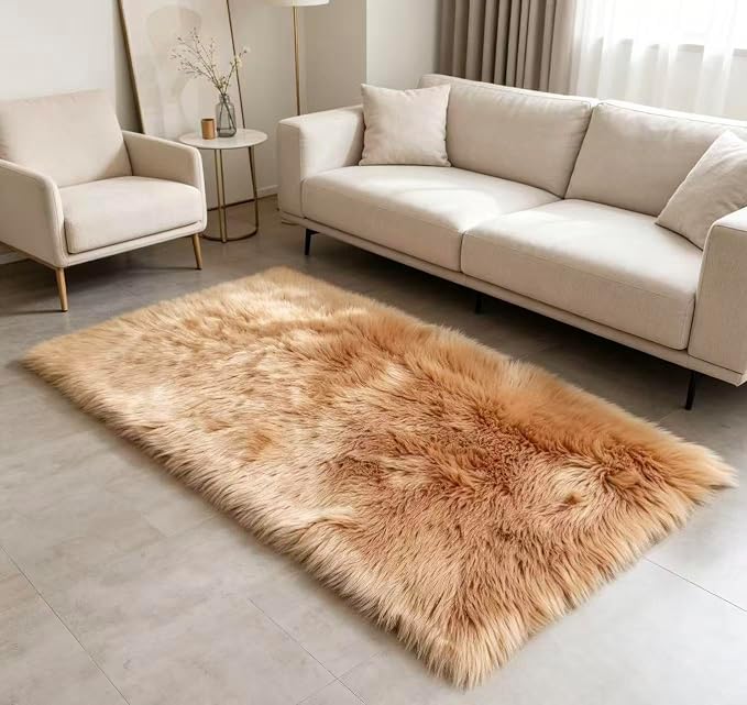 Faux Fur Rug Fluffy Sheepskin Area Rug,Ultra Soft Shaggy Plush Rug Bedroom Living Room Sofa Floor Kids Room Bedside（2 x 4 ft Rectangle Brown）