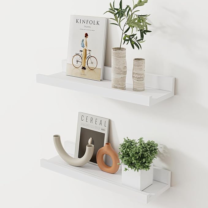 Acovy Floating Shelves for Wall, 16 inch Solid Wood Picture Ledge Shelf, Picture Shelf for Wall with Ledge, Floating Book Shelves for Living Room Bedroom Kitchen Nursery Decor, White, Set of 2