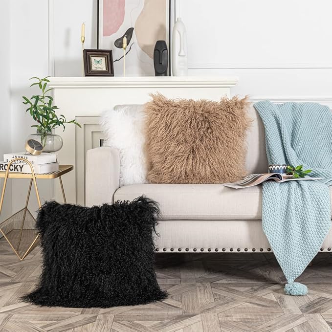Mongolian Lamb Fur Throw Pillow Cover (16'' x 16'', Black), Real Sheep Fur Decorative Cushion Cover Case Home Decorative Square Throw Pillow Cover Plain Wool Pillow Protector
