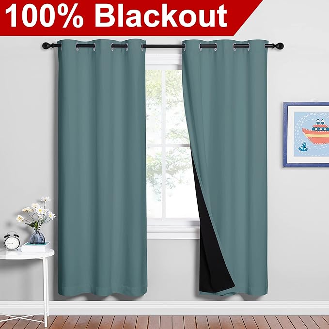 NICETOWN 100% Blackout Window Curtain Panels, Full Light Blocking Drapes with Black Liner for Nursery, 72-inch Drop Thermal Insulated Draperies (Aqua, 2 Pieces, 42-inch Wide Per Panel)