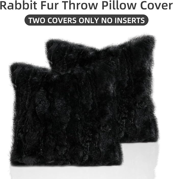Genuine Rabbit Fur Throw Pillow Covers Set of 2,Luxury Decorative Pillowcases Soft Fluffy Animal Skin Accents Square Cushion Cover for Couch Sofa Bedroom Living Room Home,18x18 inch,Black