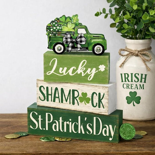 Marsui 4 Pcs St Patrick's Day Table Decorations Green Shamrocks Wooden Signs Block Farmhouse Irish Tiered Tray Decor Rustic St. Patrick's Day Table Centerpieces for Home Office Desk Shelf Mantel Decor
