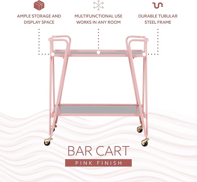Gina Pink Mid-Century Bar Cart with Mirrored Shelves and Locking Wheels by Linon