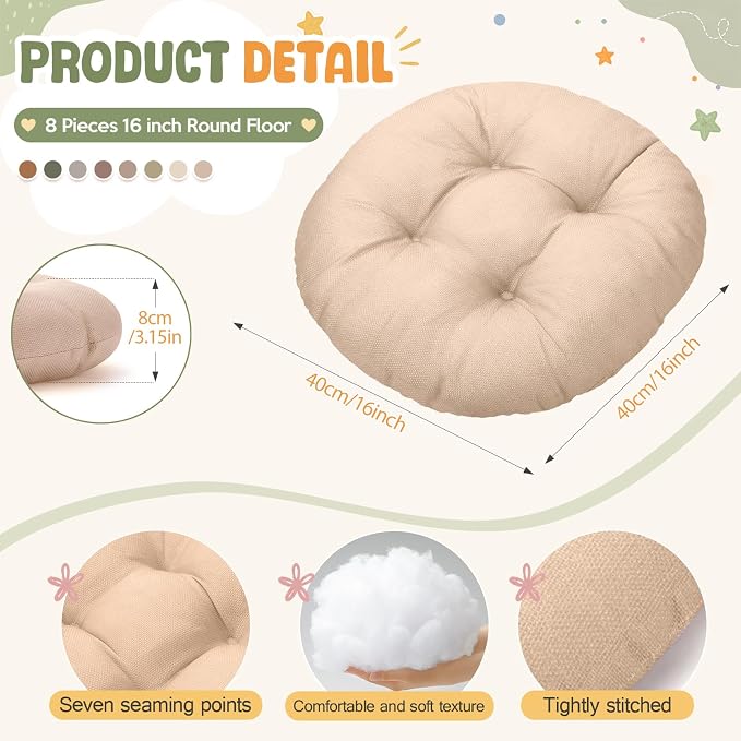 Fumete 8 Pcs 16 Inch Floor Cushions Pillow for Kids Bulk Classroom Round Flexible Seating Floor Cushions for Students Home Daycare School Reading Corner Yoga Meditation Picnic (Earth Tone)