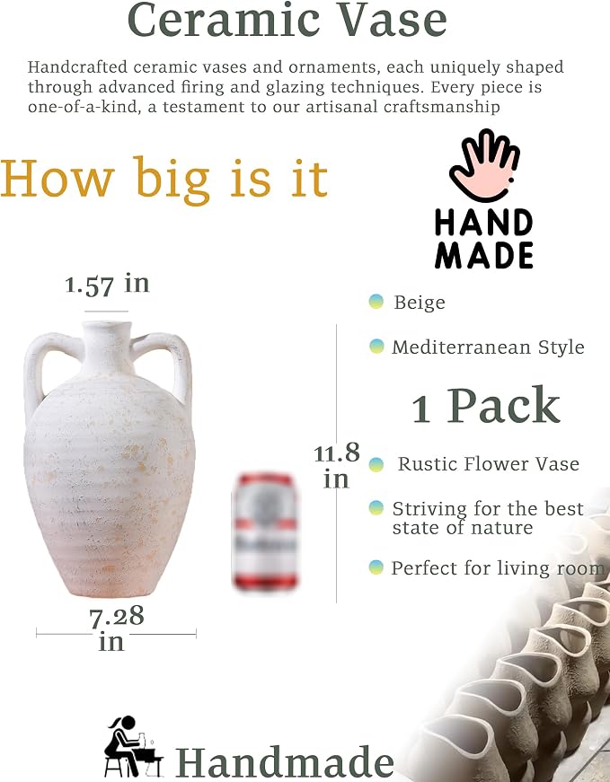 UPWOIGH 11.8in Ceramic Flower Vase with Handles | Off-White Finish, Handcrafted Weathered Texture, Rustic Farmhouse Style, Table Shelf Living Room Décor