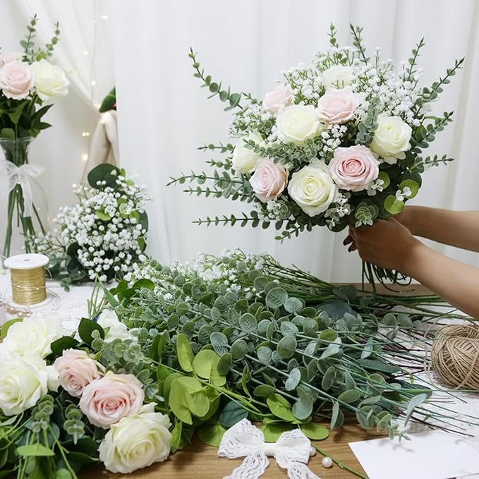 240 Pcs 5 Mixed Eucalyptus Greenery Stems Artificial Baby Breath Flowers Bulk Eucalyptus Leaves Bundle Faux for DIY Wedding Decoration Bouquets Home Arrangement Floral Vase Decor