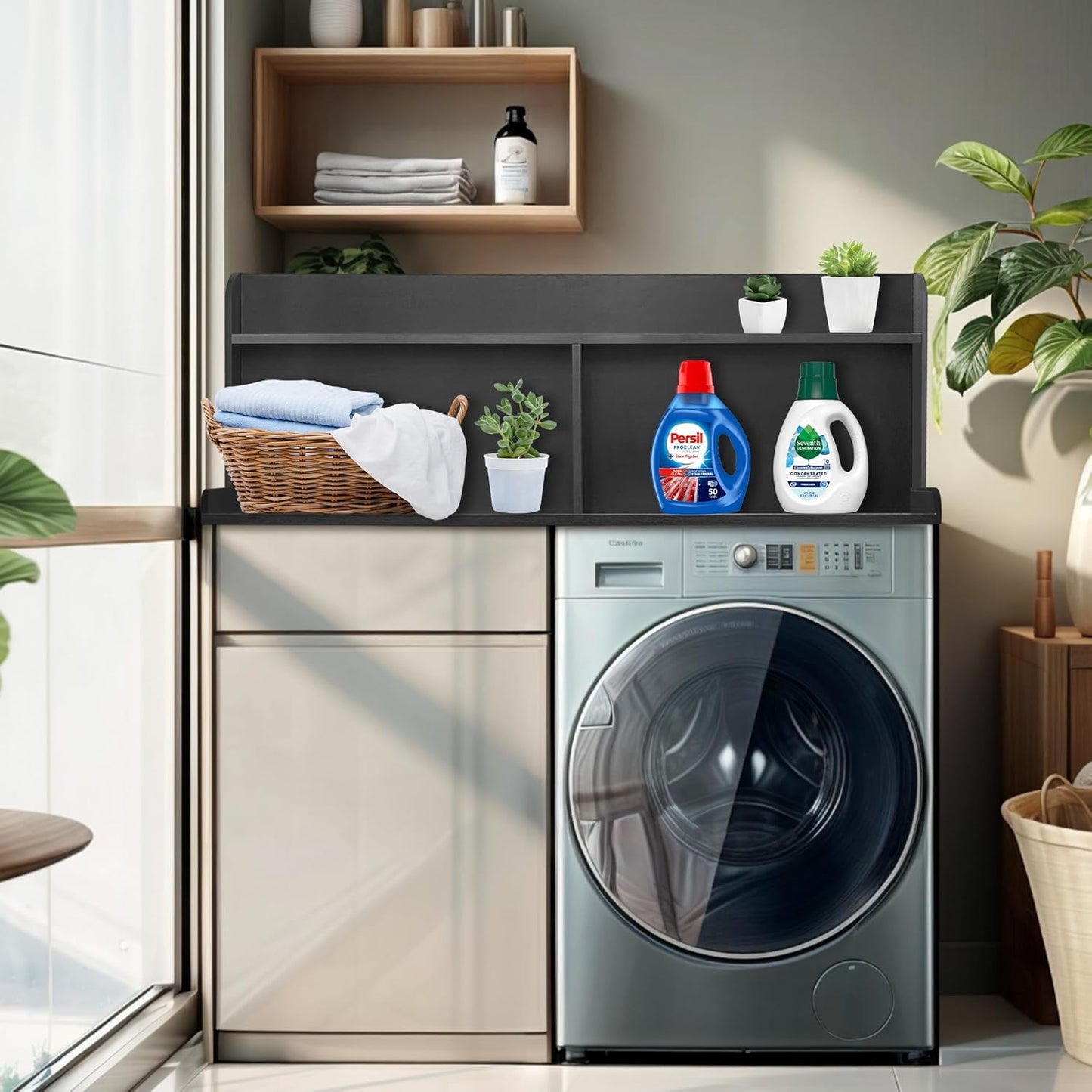 Royxen 2-Tier Washer Dryer Countertop,19.5"H Wood Washer and Dryer Topper with Storage Shelf,Laundry Countertop Over Washer Machine, Universal Fit for Laundry Room Organization (Black, 54"W X 27.5"D)