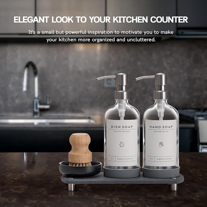 [Luxury] Kitchen Soap Dispenser Set - 16OZ Clear Glass Bottle, Stainless Steel Pump, Instant Dry Tray, Waterproof Labels, Non-Slip Silicone Pad, and Dish Brush | Upgrade for Your Kitchen and Bathroom