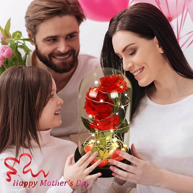 Dream of Flowers Mother Day Enchanted Red Gifts for Mom,Beauty and The Beast Rose in Glass Dome,Anniversary Rose Gifts for Wife,Birthday Gifts for Women,Romantic Red Silk Rose Flower Gifts for Women
