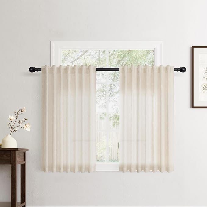 Jowels Cream Linen Curtains 48 Inch Long 2 Panels for Living Room | Beige Flax Light Filtering Sheer Curtain,Back Tab Pocket Pleated Look,Farmhouse Textured Privacy Drapes for Bedroom Window