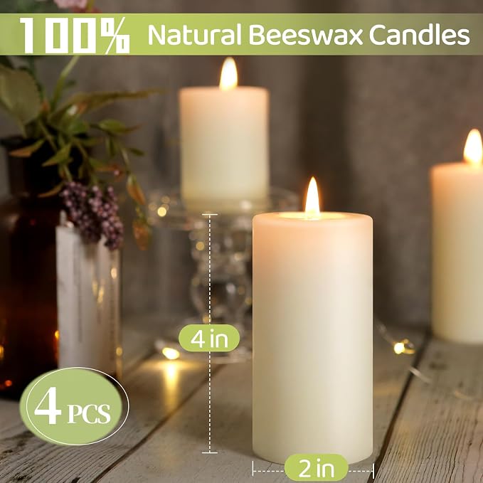 4 Pack Beeswax Pillar Candles,172 Hours Long Burning,Ivory White Beeswax Candles,Unscented Pure Bees Wax Candle for Home,Prayer,Dripless Smokeless Organic 100% Bees Wax Candle Bulk 2x4in