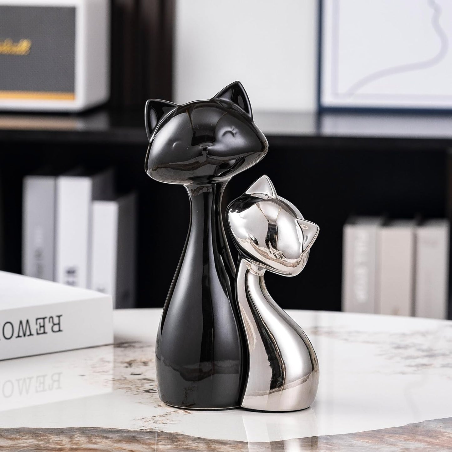Ceramic Cat Statue Set, Black & Silver Cute Home Decor Figurines, Lucky Cats Desk Accessories for Cat Lovers, Memorial Cats Themed, Modern Collectible Decor for Bookshelf, Living Room