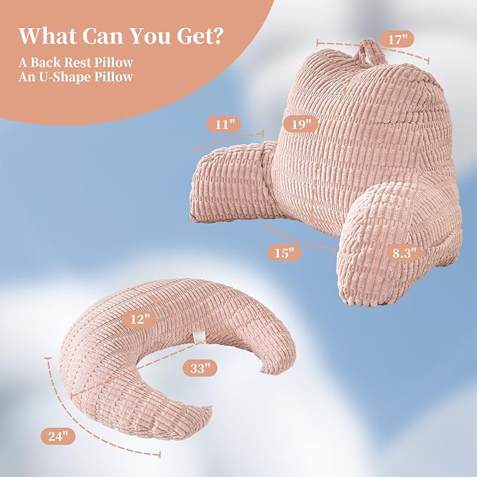 19" Reading Pillow for Bed,U Shaped Arm & Elbow Support,Pink Corduroy | Backrest Supports Back,U Shaped Lap Pillow Cushions Arms,Elbows & Wrists,Ribbed Corduroy for Reading,Gaming,Watching TV