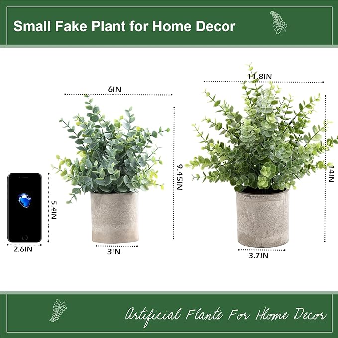 Coferset 2 Pack Small Fake Plants 14" Eucalyptus Potted Artificial Plants for Shelf Desk Home Bathroom Farmhouse Room Coffee Table Decor (Sage Green-Large)