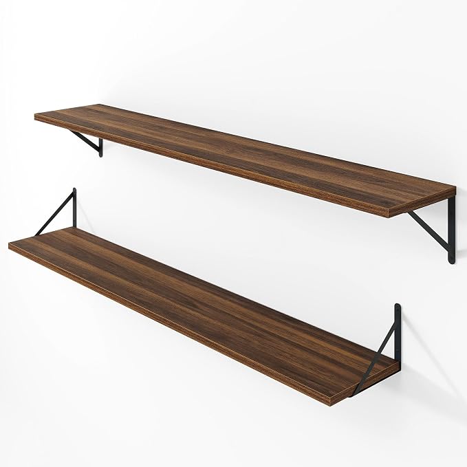 Vivelove 8 Inch Deep Floating Shelves for Wall, 48W x 8D Wood Wall Shelves Set of 2, Walnut Wide Floating Bookshelf for Living Room, Kitchen, Office, Bedroom, with Black Metal Bracke - Walnut