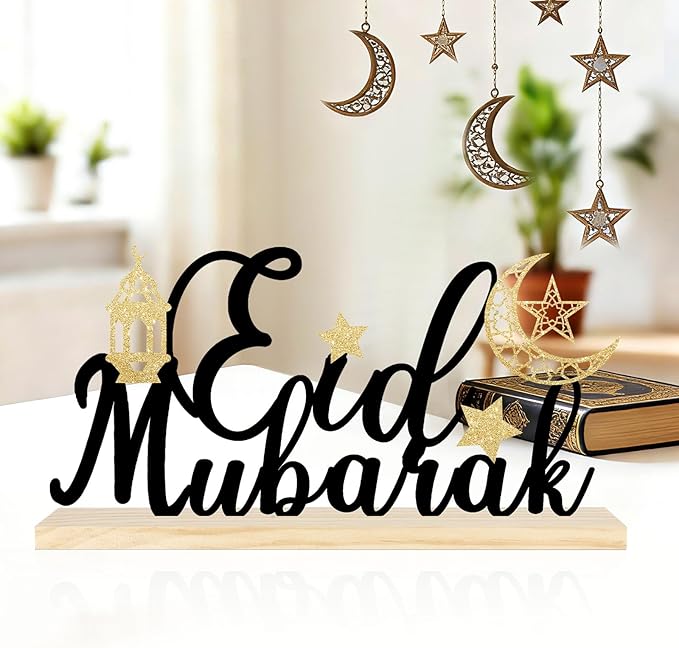 COCHIE Metal Eid Mubarak Sign, Ramadan Decorations for Home, Shelf, Mantel, Indoor, Moon Star Eid Decor, Eid Mubarak Ramadan Table Top Party Decoration (Eid)