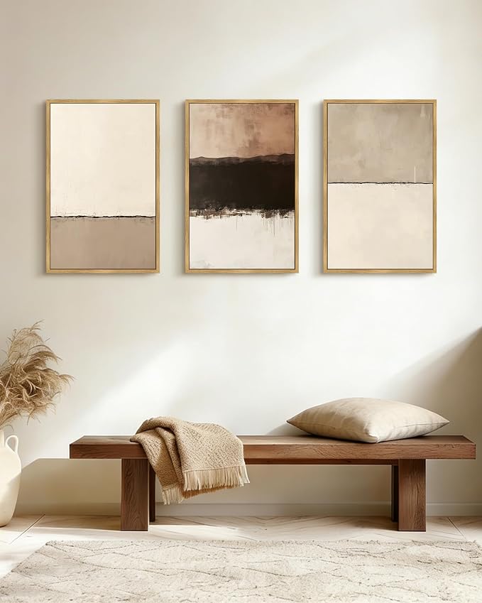 PHOPAGO Neutral Abstract Framed Wall Art Large 16x24in Minimalist Beige Gray Pastel Wall Decor Modern Watercolor Art Paints for Bedroom Living Room - Natural Framed