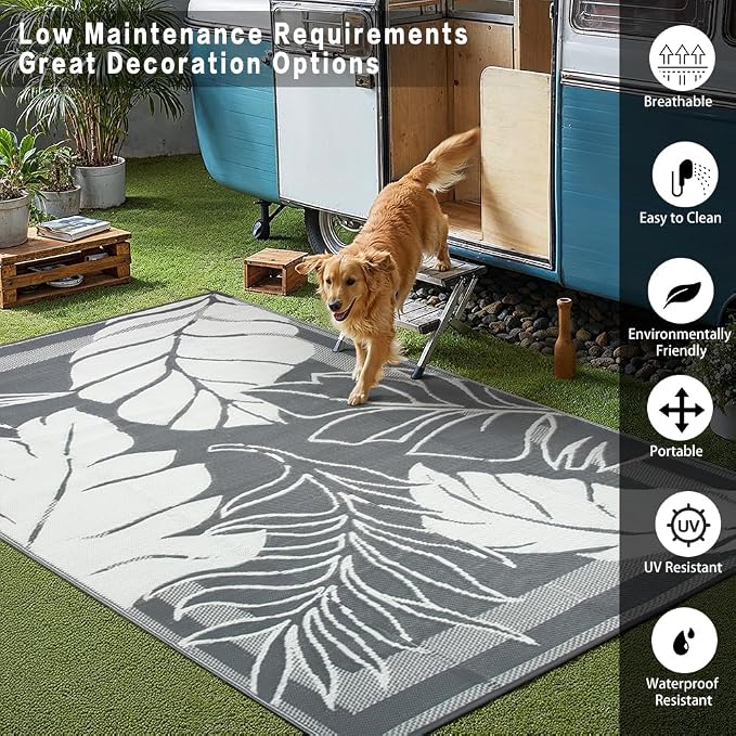 HUGEAR 8'x10' Outdoor Rug Waterproof Plastic Straw Rugs Large Grey Reversible Olive Leaf Mat Floor Carpet for Camping RV Deck Entryance Porch Picnic Balcony Beach Backyard