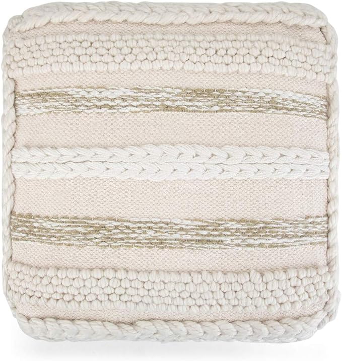 SIMPLIHOME Sommer Square Pouf - 18 inch Wide Upholstered Handloom Woven Cotton Ottoman in Natural/Cream, Boho-Style Footstool, Extra Seating or Accent Piece for Living Room or Bedroom, Assembled