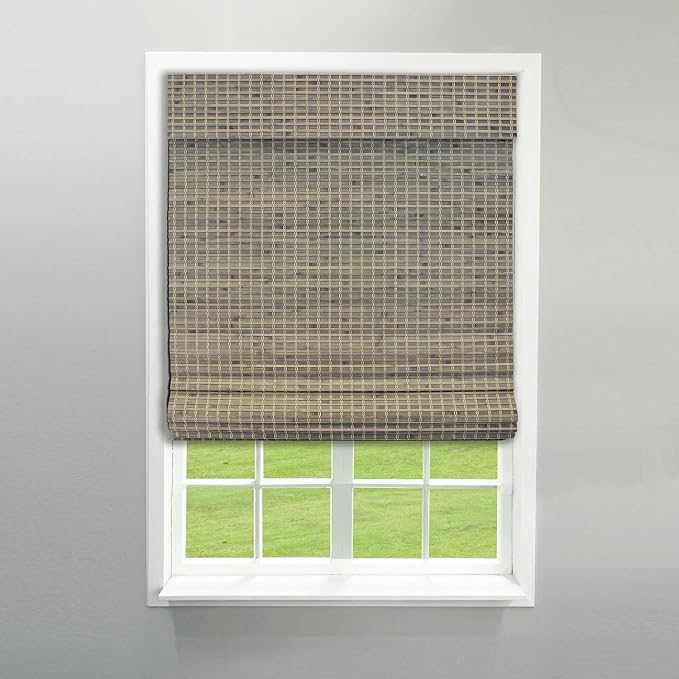 Radiance Cordless Bamboo Blinds - Flatstick Bamboo Roman Shades for Interior Windows - Roll Up Woven Shades with Valance - Inside & Outside Mount Roman Window Shades - Driftwood - 31" W x 64" L