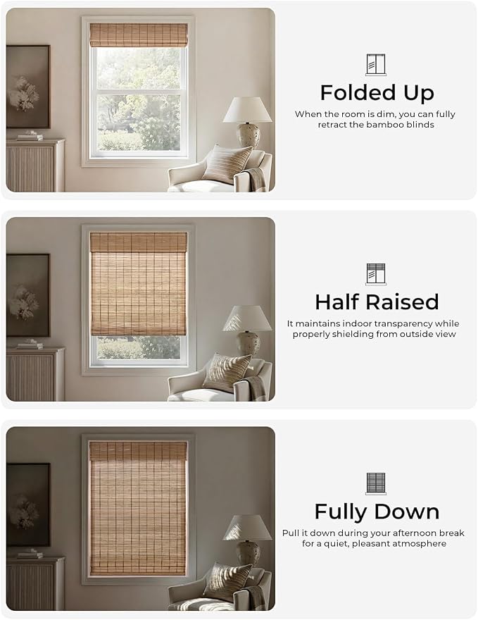 UNISHADES No Drill Cordless Bamboo Roman Shades, 43×64 in, Sand Tan | Natural material, Light Filtering, Easy Install