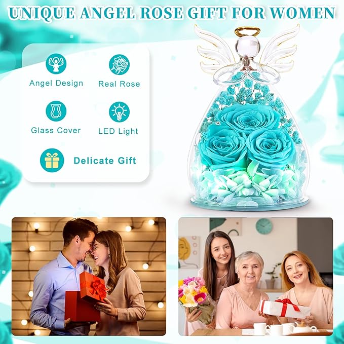 Beferr Mothers Day Mom Birthday Gifts for Women, Fresh Flowers for Delivery Forever Preserved Rose in Glass Angel Figurine, Anniversary Christian Real Rose for Grandma Nana Wife Mum from Daughter Son