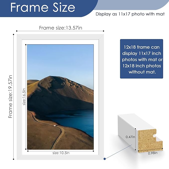 PEALSN 12x18 Picture Frame Set of 6, Display Pictures 11x17 with Mat or 12x18 without Mat for Wall Mounting Display, Photo Frames Collage for Wall Decor, White.