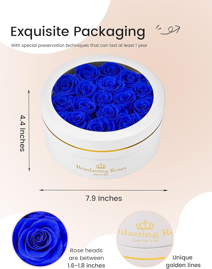 16 Preserved Roses Forever Flowers Real Roses in a Box Mother's Day Birthday Flowers for Her Mom Women Wife Valentine's Day, Royal Blue Roses