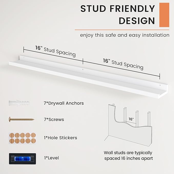 FLYJOE Picture Ledge Shelf, Floating Shelves Set of 2, 48 Inches Long Large Nursery Book Shelves for Toys Storage, Kids Bookshelf Wall Mounted for Living Room Bedroom Decor Books Photo Frames, White