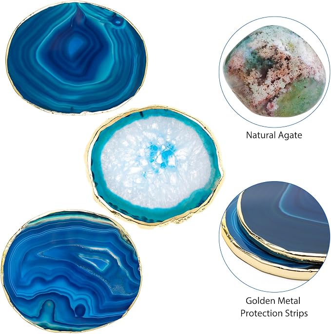Luxiv Agate Coasters Set of 4 Crystal Drink Coasters with Gift Box (Blue) | Set Of 4 Natural Purple Agate Coasters, 3-4 Inch Crystal Stone With Gold Edge, Gift Box Included For Home Drink And Decor