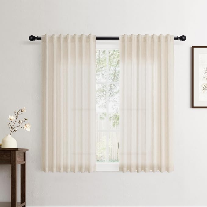 Jowels Cream Linen Curtains 54 Inch Long 2 Panels for Living Room | Beige Flax Light Filtering Sheer Curtain,Back Tab Pocket Pleated Look,Farmhouse Textured Privacy Drapes for Bedroom Window