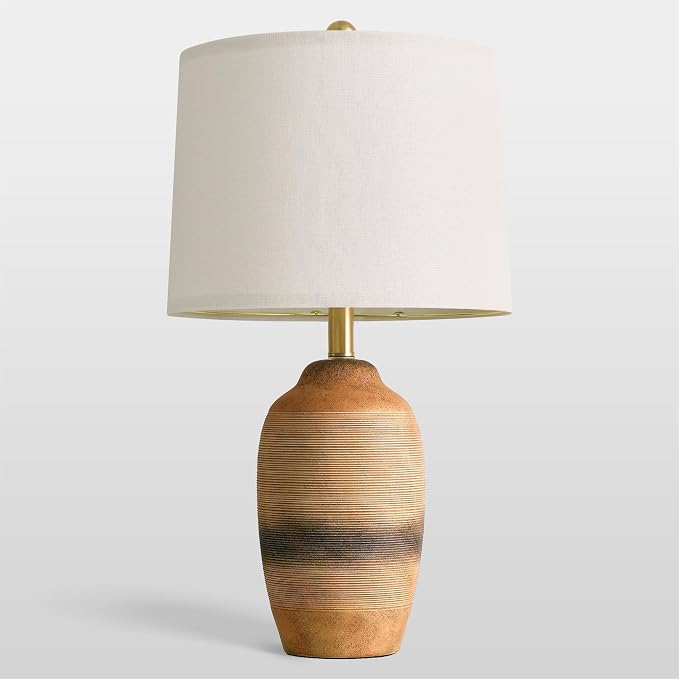 24.5" Handcrafted Ceramic Table Lamp with 5FT Cord, Single Farmhouse Vintage Rustic Bedside Lamp for Living Room Bedroom, Linen Shade Nightstand End Table Decor (Bulb Not Included)Earthy Yellow