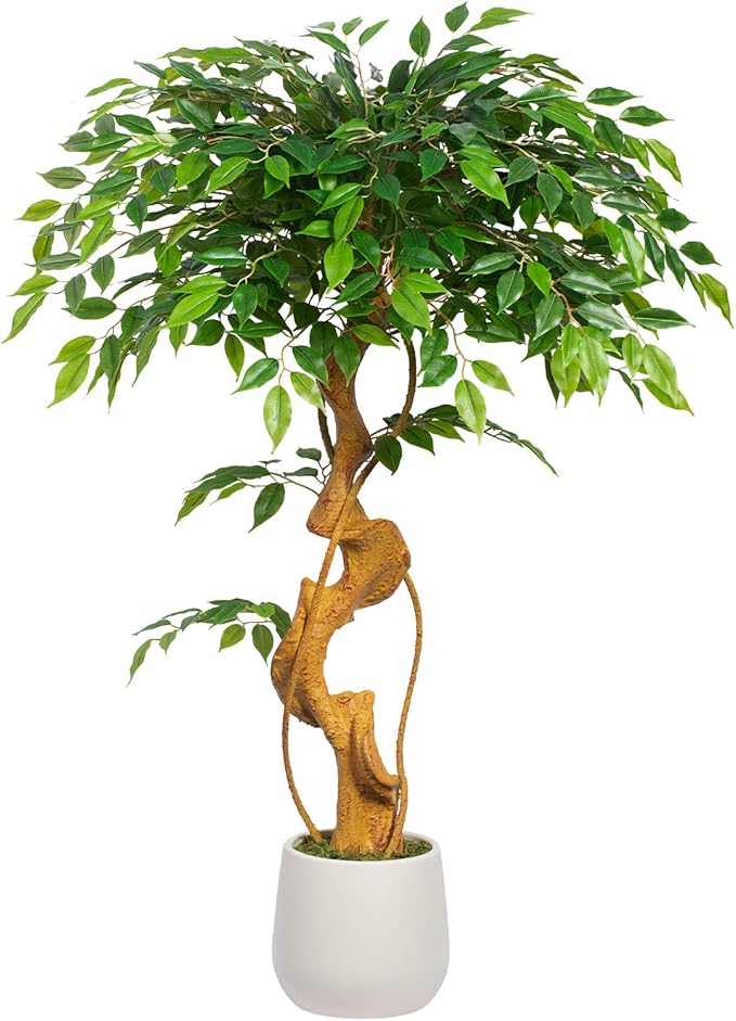 4FT Artificial Ficus Tree, 48in Fake Silk Tree with Curved Trunk & 930 Lush Leaves, Faux Floor Plant with White Pot, Low-Maintenance Decor for Home, Office, Patio