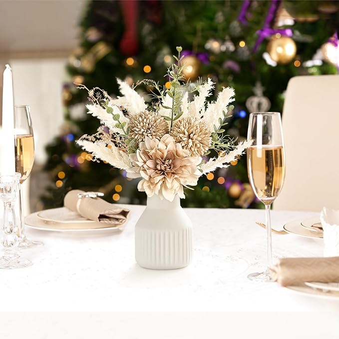 Mkono Small Artificial Flowers in Ceramic Vase 12.5" Centerpieces Coffee Table Decor, Silk Flower Arrangements for Home Decor Indoor Fake Flower Bouquet for Bathroom Dining Room Kitchen Wedding Brown