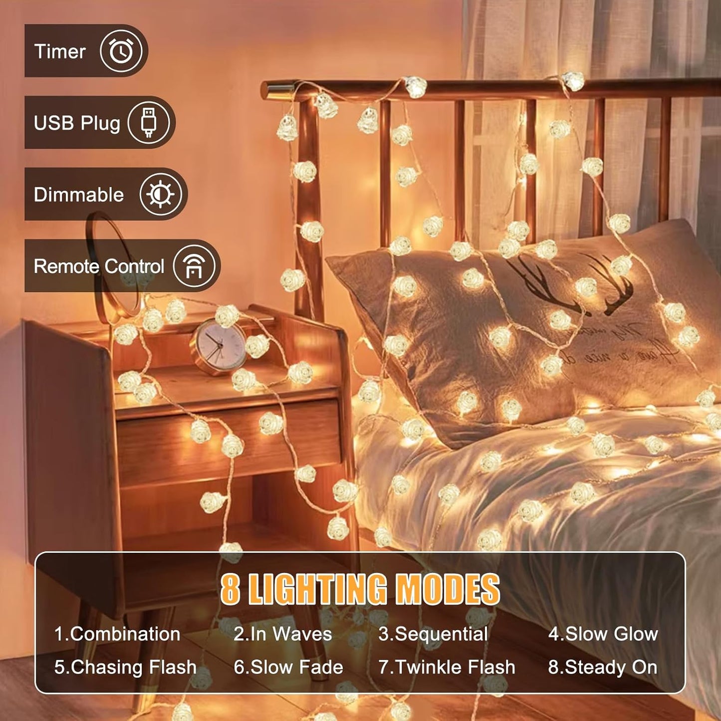 String Lights Indoor, 33Ft 80 LED Rose Flower Lights, 8 Modes Dimmable & Timeable Twinkle Lights, Festival Christmas Decorations for Bedroom Living Room, White, USB Plug, Remote