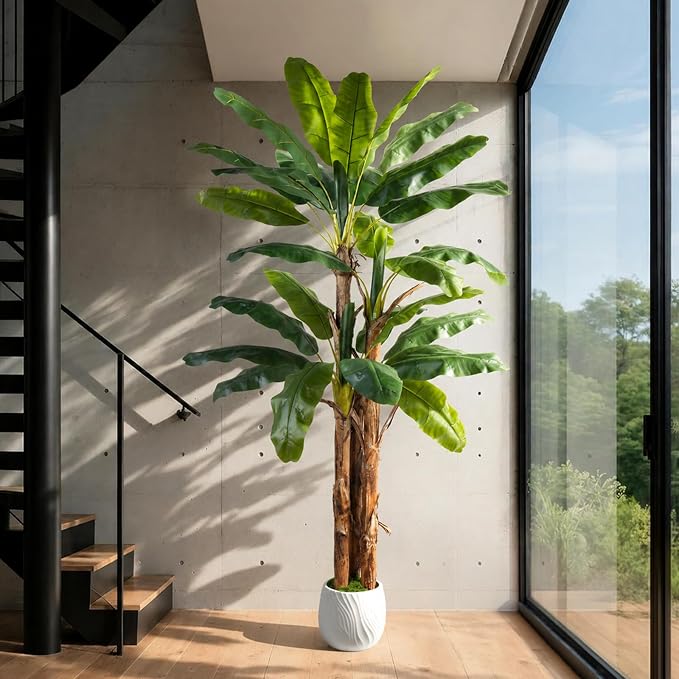 8FT Artificial Banana Tree Faux Banana Leaf Plant Artificial Tropical Tree Outdoor Large Faux Plants Indoor Fake Tree for Patio Balcony Garden Living Room Office Decor (with Faux Moss)