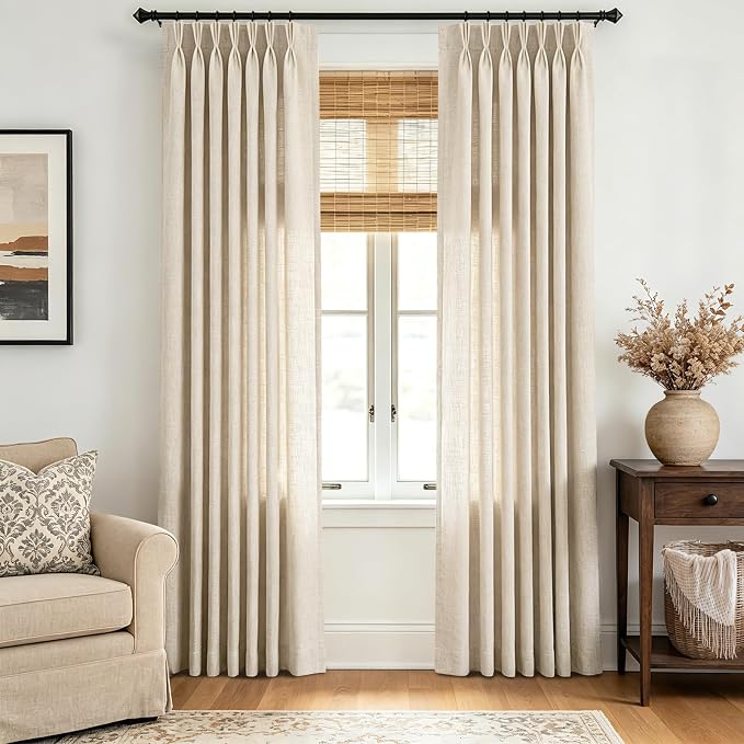 Beige Pleated Linen Curtains 105 inch Long 2 Panels for Living Room Light Filtering Triple Pinch Pleat Curtain Memory Trained Boho FarmhouseNeutral Earthy Thick Flax Linen Drapes 105 Length Apricot