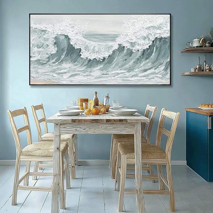 Sea Wave Abstract Light Green Wall Art for Living Room Artwork Canvas Art Wall Decor Painting Print Picture for Bedroom Office Hotel Home Decoration 24"x48"With Framed