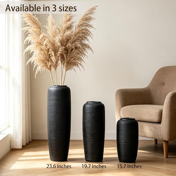Black Rustic Ceramic Farmhouse Tall Floor Vase,15.7 Inch Vintage Large Vases Pottery Clay Terracotta Rustic Vase for Home Decor Living Room Entryway Table Centerpieces,Kitchen,Housewarming Gifts