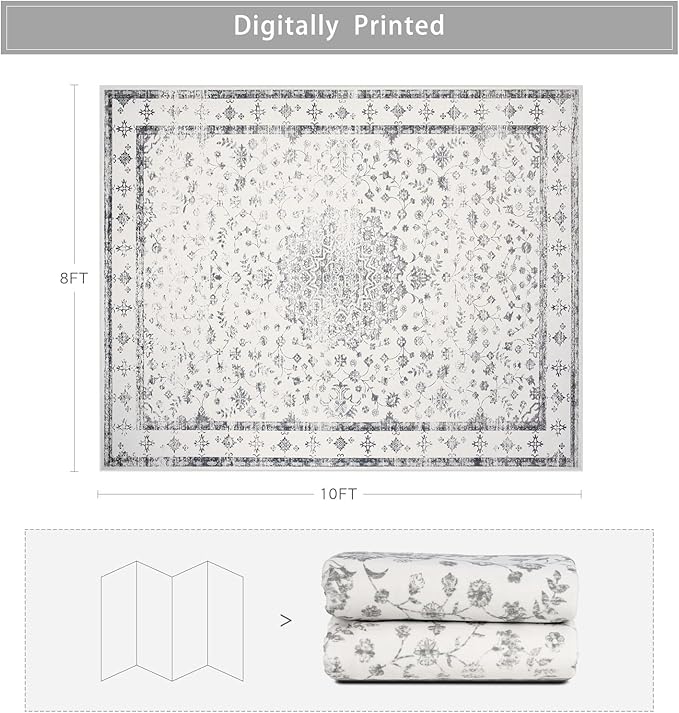 Srugn Washable Rugs 8x10 Area Rugs for Living Room,Rugs for Bedroom,Large Carpets,Ultra Soft Faux Wool Retro Dining Room Rug,Non Slip&Non-Shedding Low Pile Vintage Print Rug for Home Office-Grey